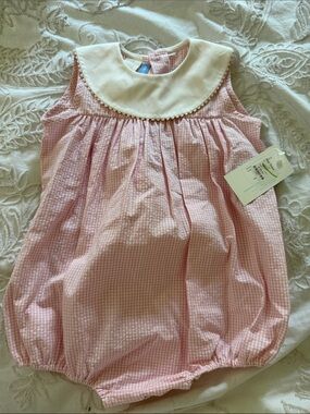 Pink Gingham Bubble Romper with White Peter Pan Collar